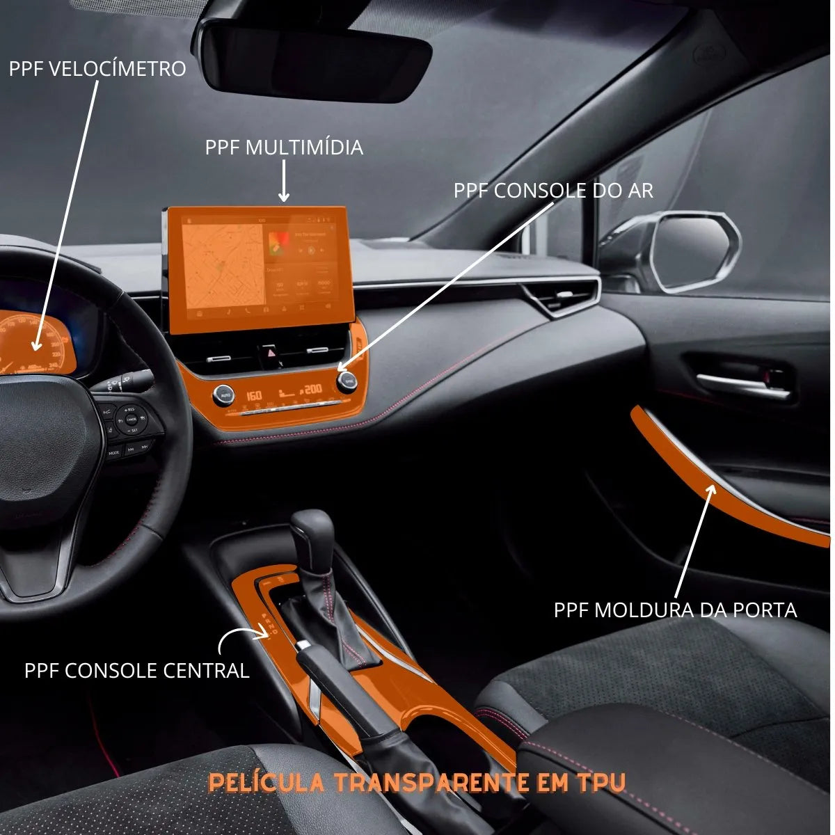 Película PPF Interior Corolla Altis 2026 – Multimídia, Console do Ar, Moldura da Porta, Console Central e Velocímetro | Garantia de 5 Anos