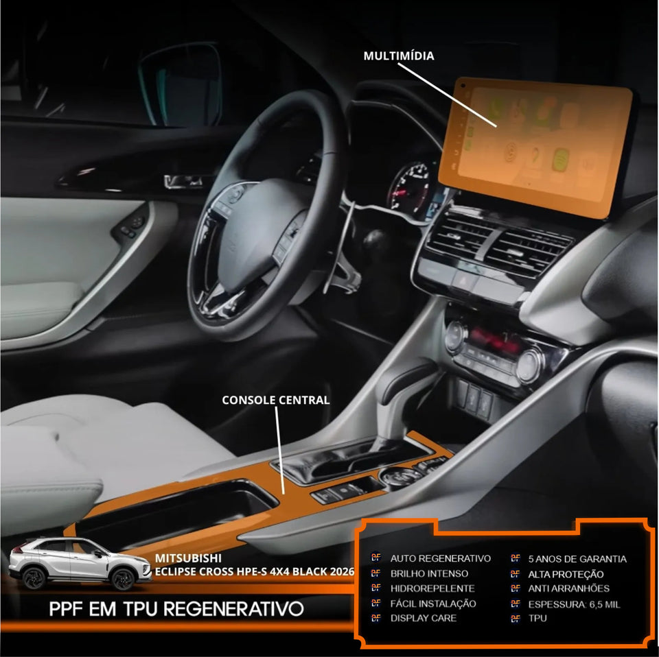 Película PPF Console Central e Multimídia Eclipse Cross HPE-S Black 4x4 2026 – Garantia de 5 Ano