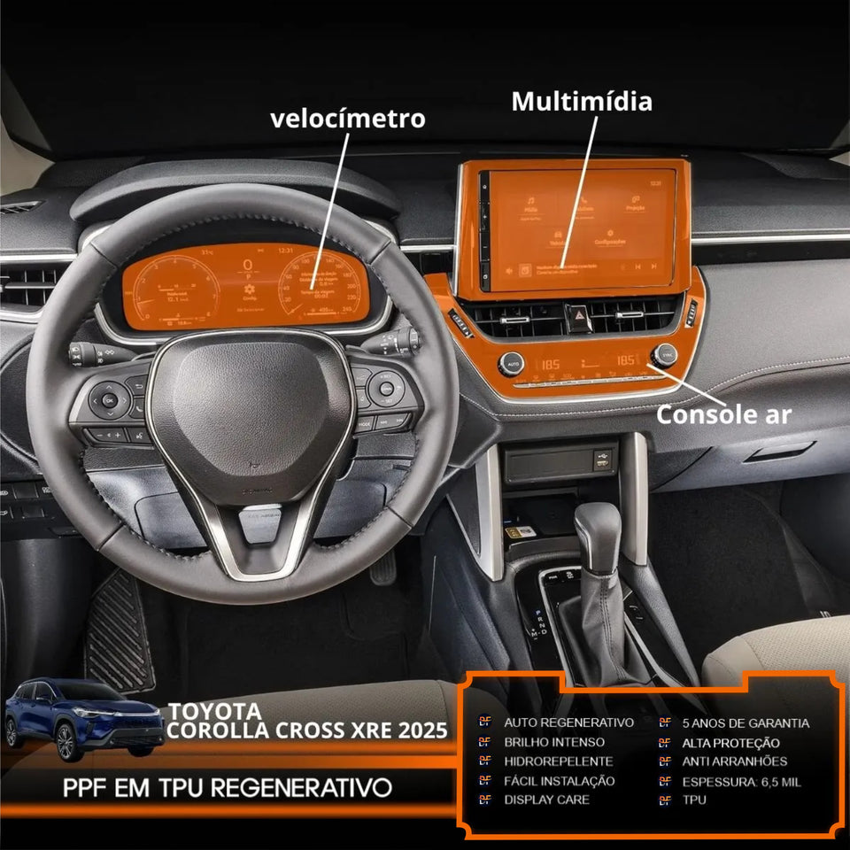 Película PPF Console do Ar, Velocímetro e Multimídia Corolla Cross XRE 2025 – Garantia de 5 Anos