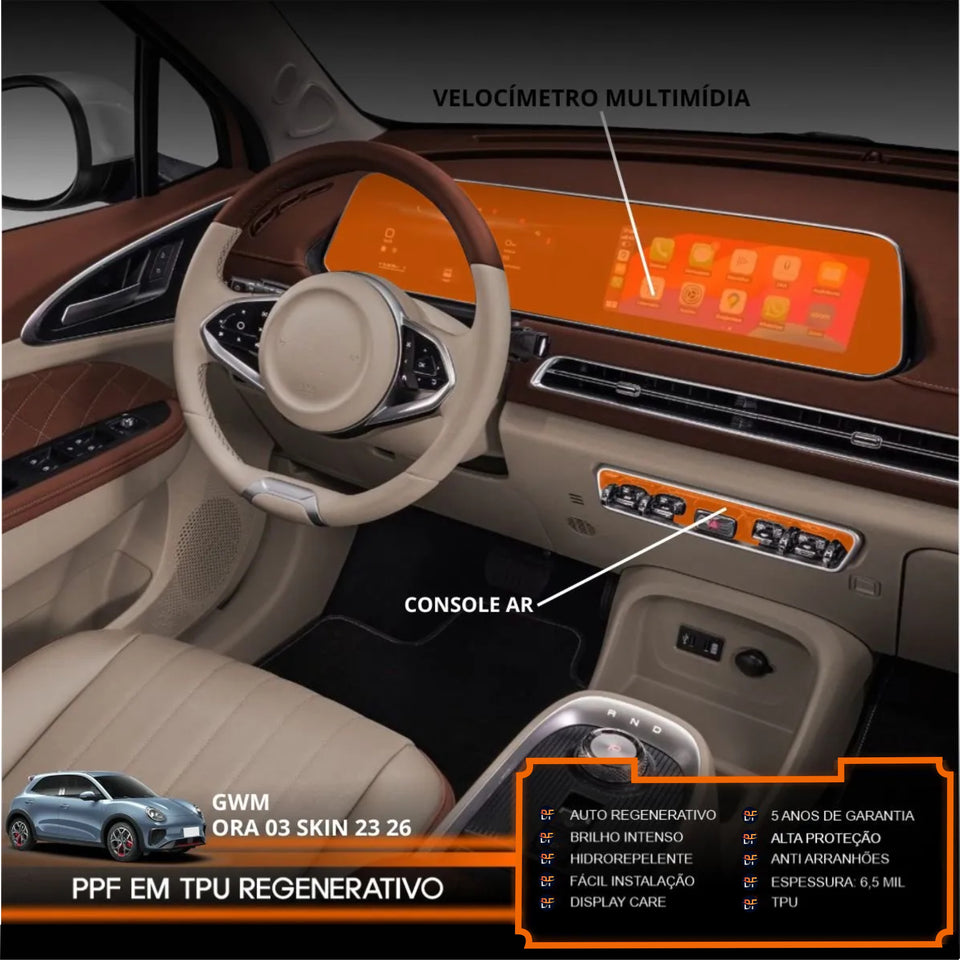 Película PPF Console do Ar, Velocímetro e Multimídia Ora 03 Skin 2023 a 2026 – Garantia de 5 Anos