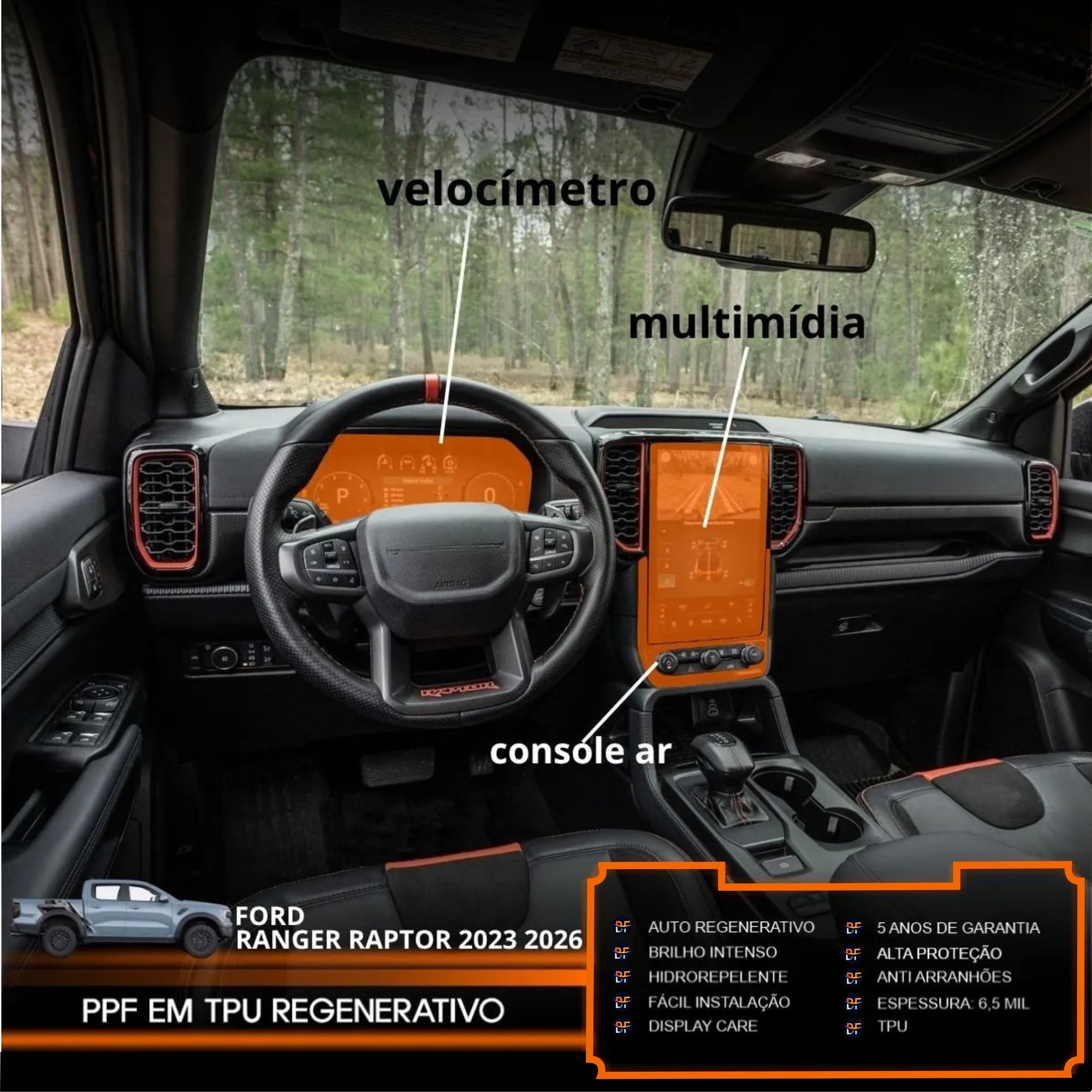 Película PPF Console do Ar, Velocímetro e Multimídia Ranger Raptor 2023 a 2026 – Garantia de 5 Anos