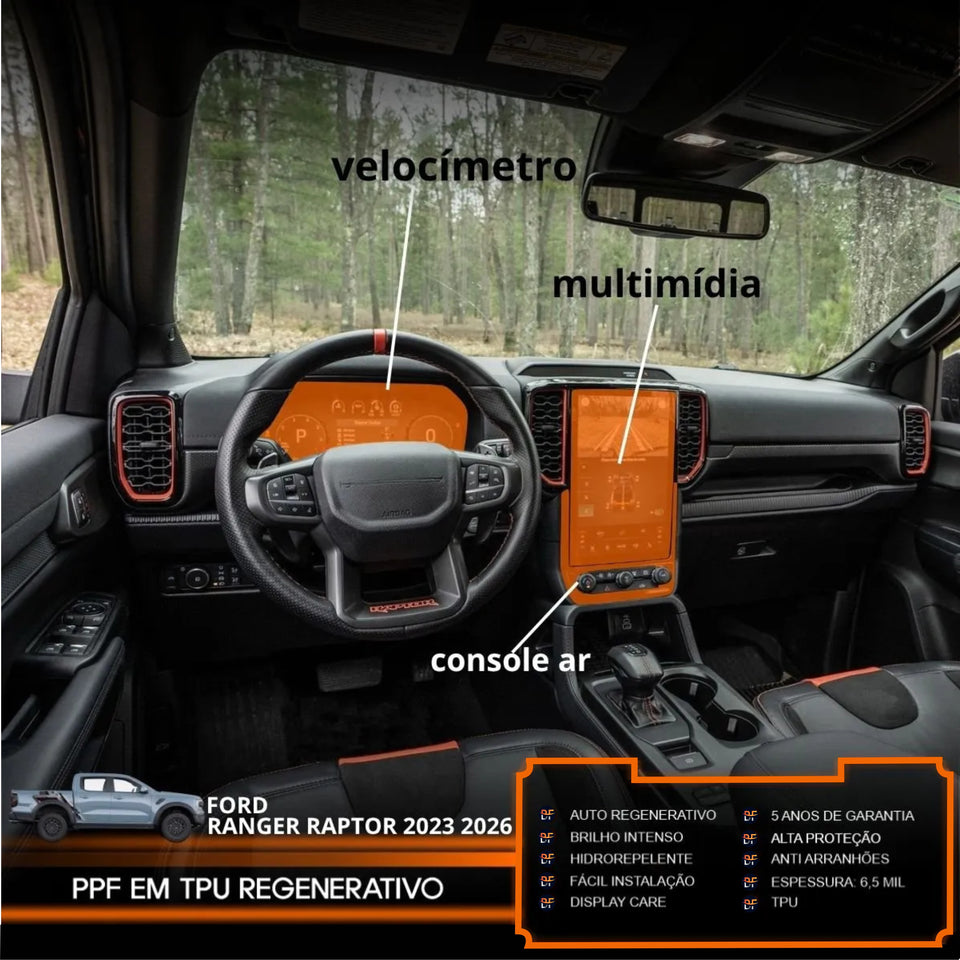 Película PPF Console do Ar, Velocímetro e Multimídia Ranger Raptor 2023 a 2026 – Garantia de 5 Anos