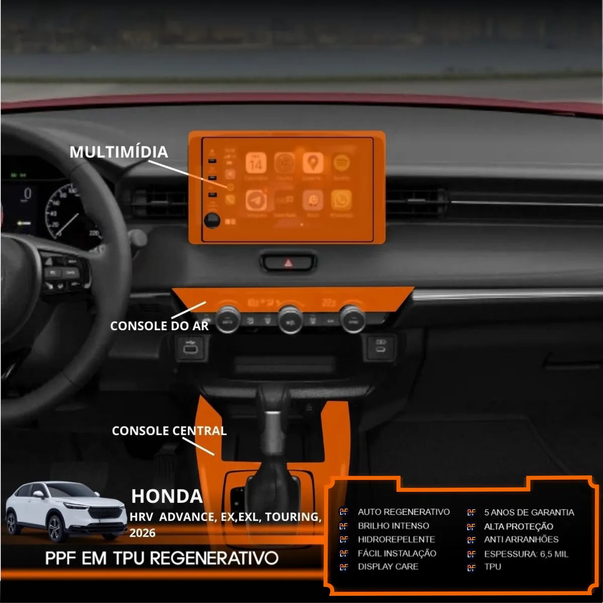 Película PPF Multimídia, Console do Ar e Console Central Honda HR-V 2026 – Proteção Premium com Garantia de 5 Anos