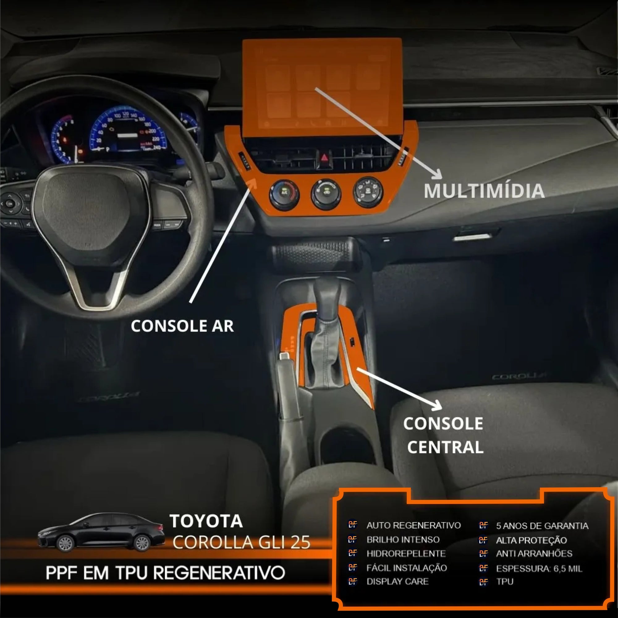 Película PPF Multimídia, Console do Ar e Console Central Corolla GLi 2025 – Garantia de 5 Anos