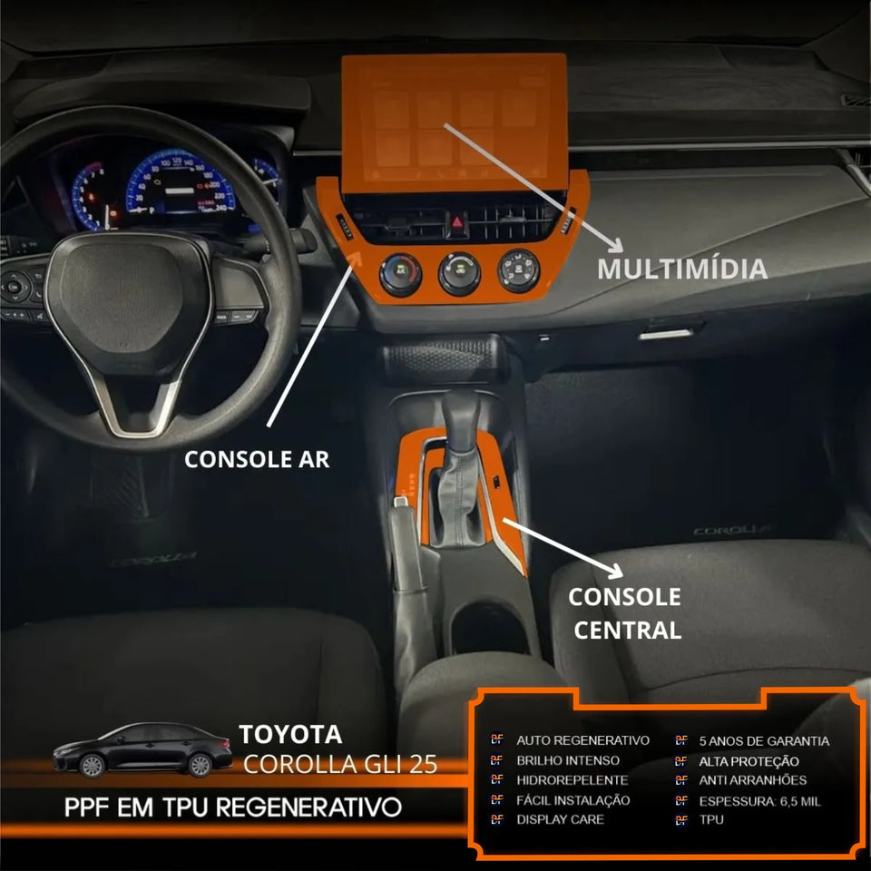 Película PPF Multimídia, Console do Ar e Console Central Corolla GLi 2025 – Garantia de 5 Anos