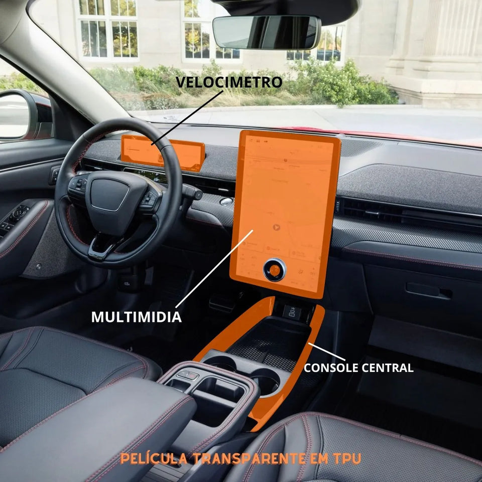 Película PPF Console Central, Velocímetro e Multimídia Mustang Mach-E 2023 a 2025 – Garantia de 5 Anos