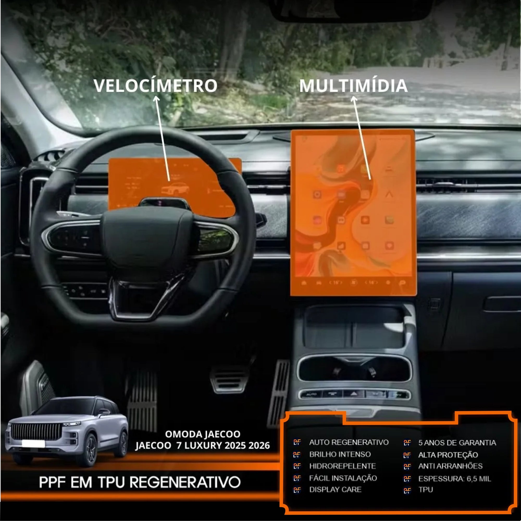 Película PPF Interior e Exterior Jaecoo 7 Luxury 2025/2026 – Quina de Porta, Velocímetro, Multimídia e Soleiras | Garantia de 5 Anos