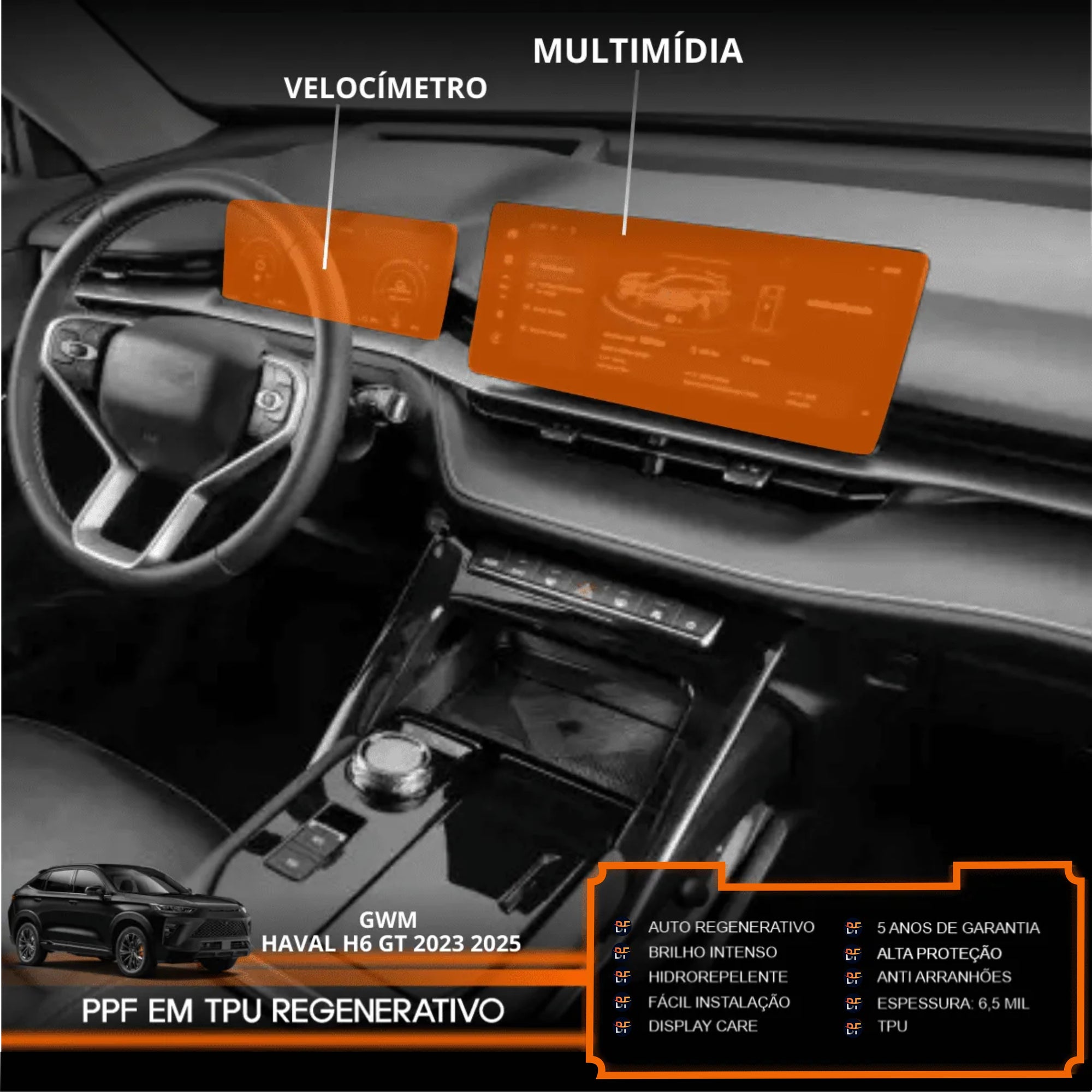 Película PPF Velocímetro e Multimídia Haval H6 GT 2023 a 2025 – Garantia de 5 Anos
