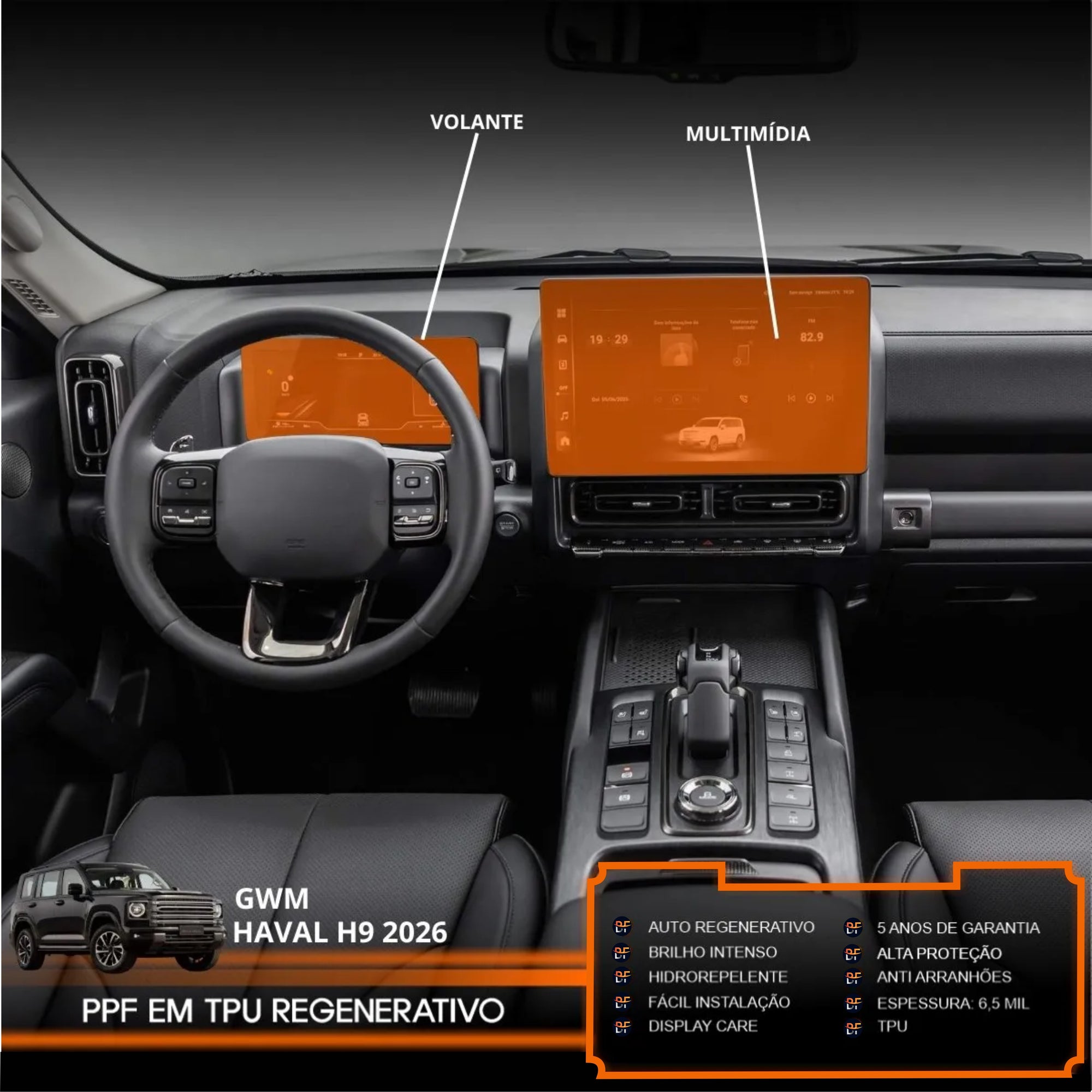 Película PPF Velocímetro e Multimídia Haval H9 2026 – Garantia de 5 Anos