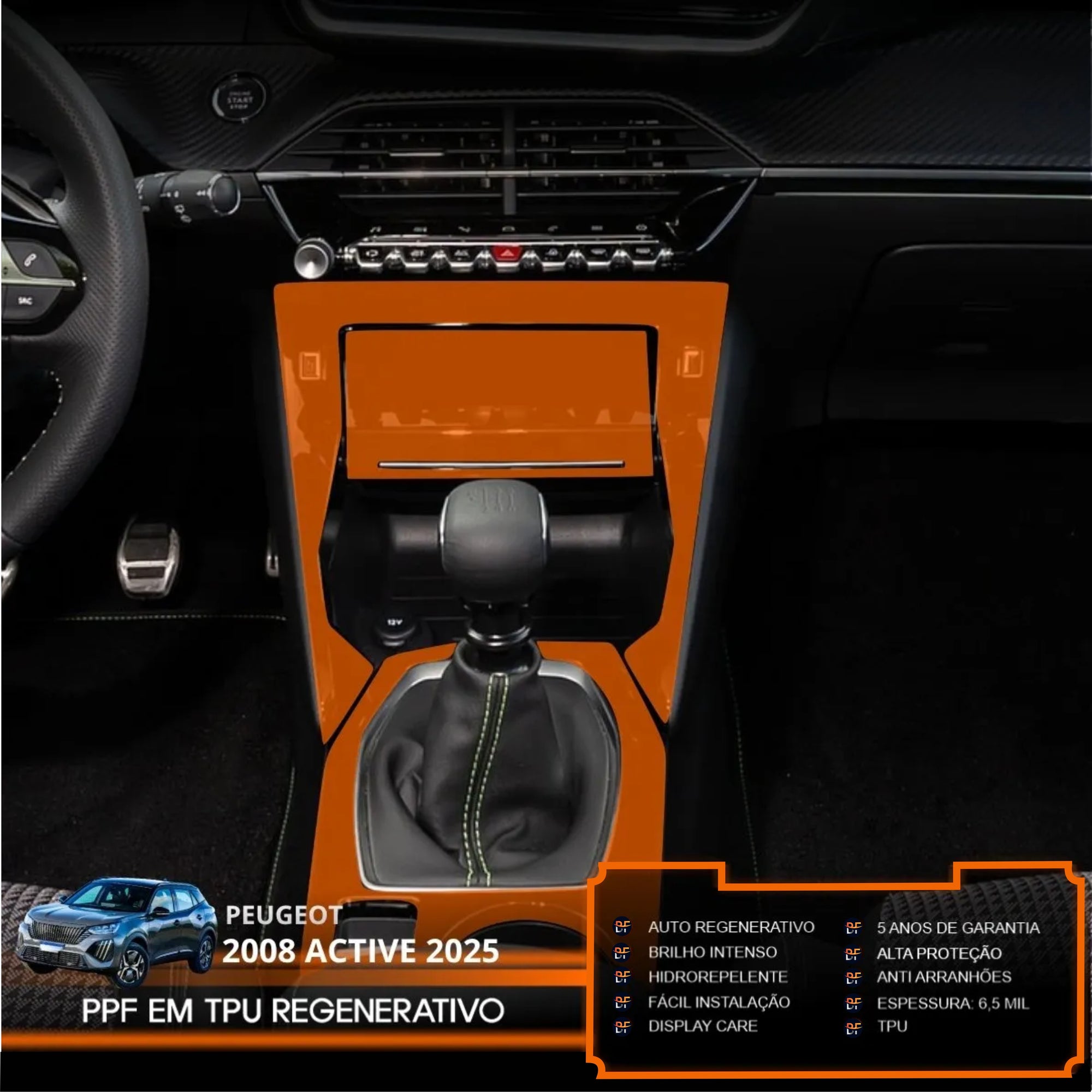 Película PPF Console Central Peugeot 2008 Active 2025 – Garantia de 5 Anos