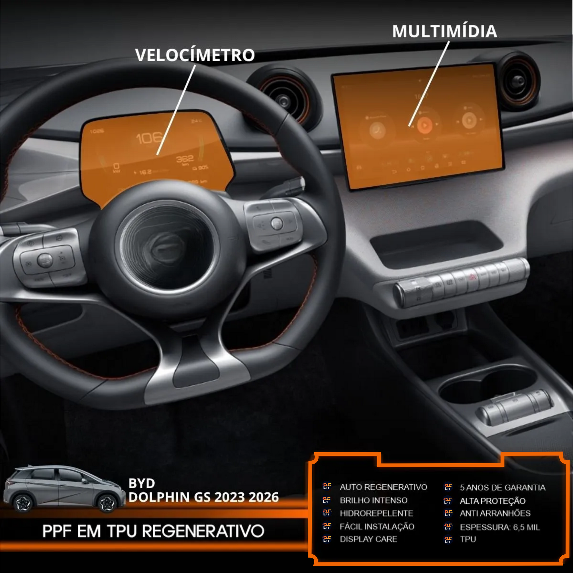 Película PPF Velocímetro e Multimídia BYD Dolphin 2026 – Garantia de 5 Anos